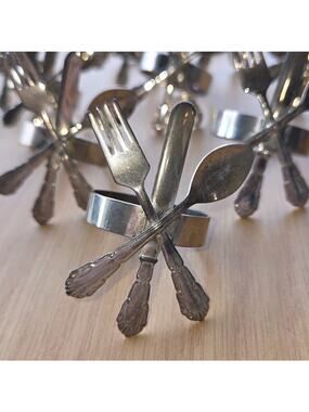 Vintage‎ AUDREY Silver Plated Napkin Rings Mini Fork Knife Spoon Set of 10